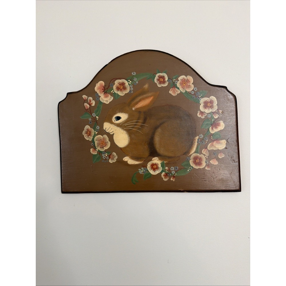 Vintage Hand Painted Wood Folk Art Bunny Rabbit Cottage Farmhouse 14" By 10"